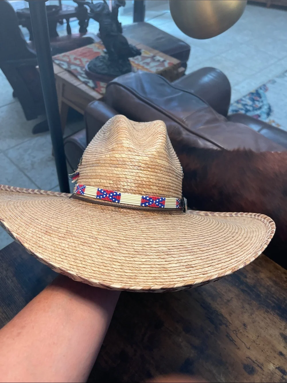 Women’s Straw Cowboy Hat with Red, Blue & White Feather - Patriotic Choncho